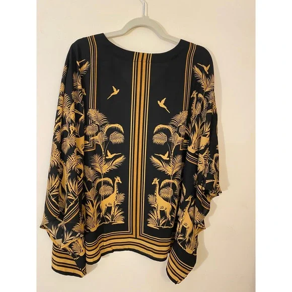 Belle by Kim Gravel 1X Safari Giraffe Print Kaftan Top Black Gold Oversized Boho - Picture 2 of 11